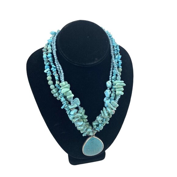 Turquoise Howlite Beaded Womens Necklace Bold Boho Multistrand 18 in - Picture 1 of 13